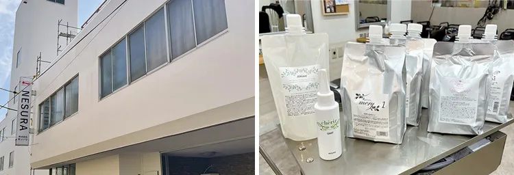 （左）大阪市内にある社屋は外壁塗装工事がこのほど完了した、（右）美容室向けヘアケア用品のOEMが主力事業