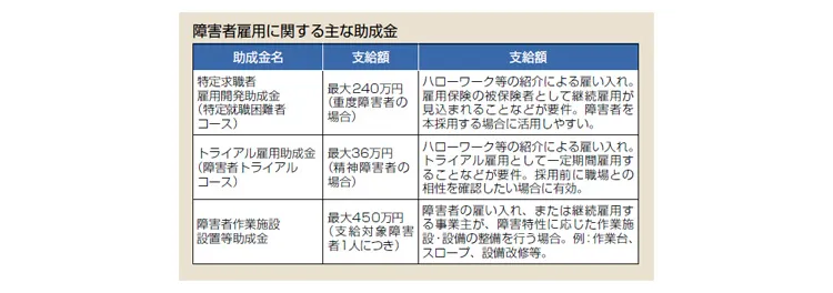 障害者雇用に関する主な助成金