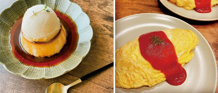「ケチャップのオムライス」（左）と「アイスon プリン」（右）。デザートはすべて美樹さんがメニューを考案