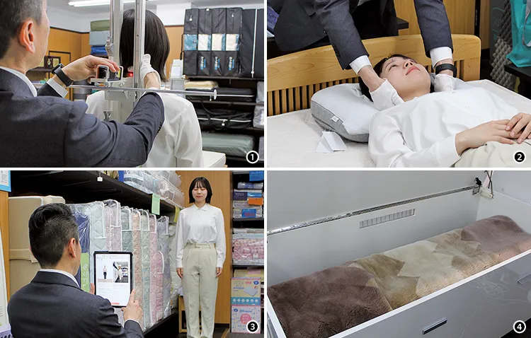①背面の凹凸をレーザーで７カ所計測、②枕の高さを数ミリ単位で調節する、③撮影画像からAIが姿勢を分析、④寝具を乾燥、除菌、消臭できる特注のメンテナンスボックス