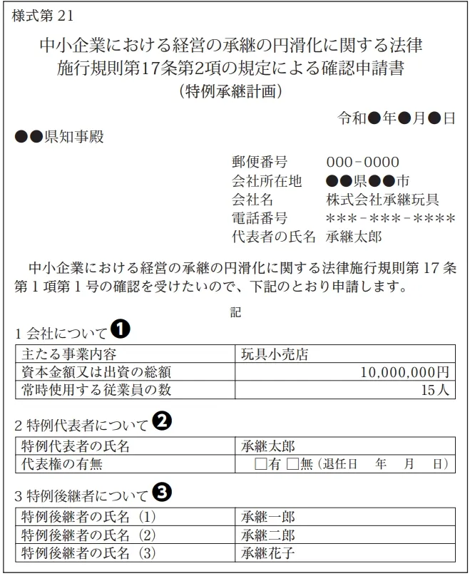 特例承継計画の記載例(項目1～3)