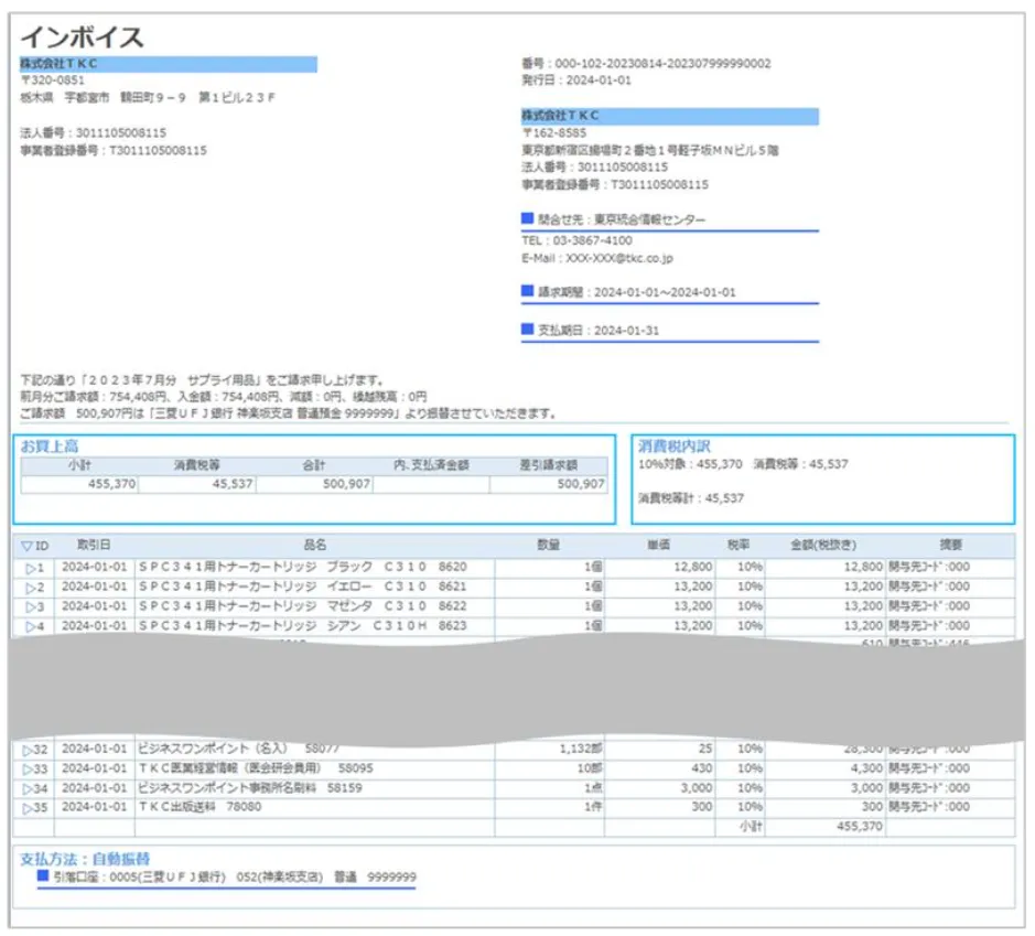 ＴＫＣでのペポルインボイスの画面レイアウト