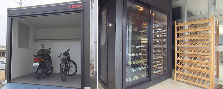 防音性を高めたバイクガレージ（左）、ウォークインワインセラー「バッカスの寝室」（右）