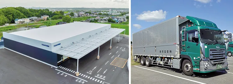 倉庫の遮熱塗装や天井ファン設置が話題の加東営業所（左）、60台超のトラックを保有（右）