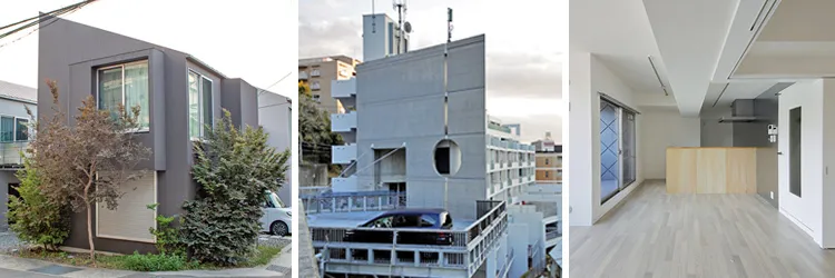 グッドデザイン賞を受賞した「Y's house12」(神戸市須磨区)(左)、「BELLTREE 若草 ANNEX」の外観(中央)、「BELLTREE 若草 ANNEX」(神戸市須磨区)の住戸(右)