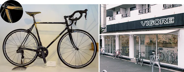 京都在住の漆芸家とのコラボにより生まれたフラッグシップモデル「70next 知足」（左、丸囲み部分は金蒔絵の一部）、ショールームと工房を兼ねた店舗（右）