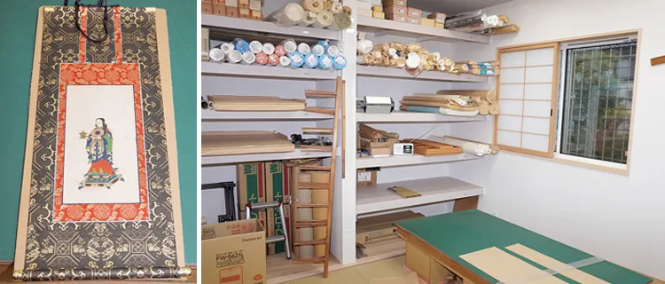 （左）屏風の修復を依頼されることも、（右）令和6年能登半島地震を経て新たに建て替えた作業場