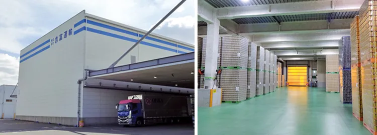 神戸市西区にある神戸営業所には飲料缶などが整然と保管されている